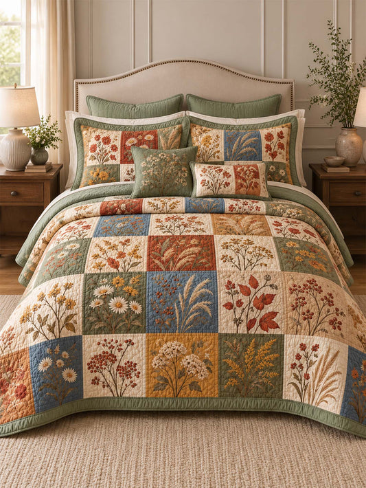 Autumn Botanical Patchwork Quilted 3-Piece Bedding Set