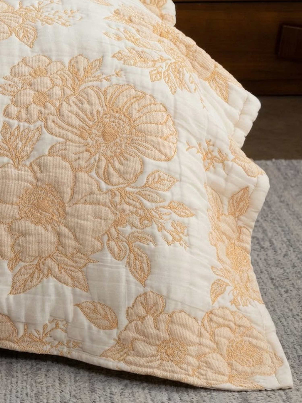 Warm Yellow Vintage Large Floral Quilted Bedspread Cotton Puff Quilt Blanket