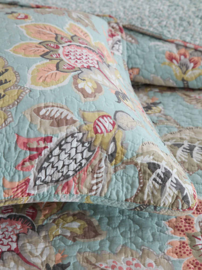 Teal Blue Vintage Garden Harvest Floral Patchwork Quilted 3‑Piece Bedding Set