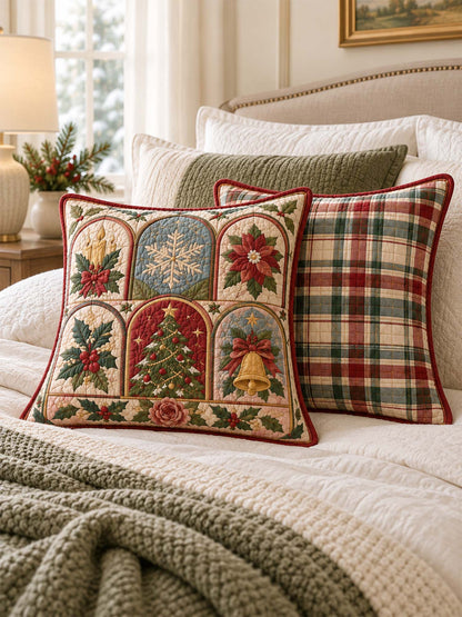 Traditional Christmas Motif & Plaid Quilted Pillow Covers 2-Piece Set