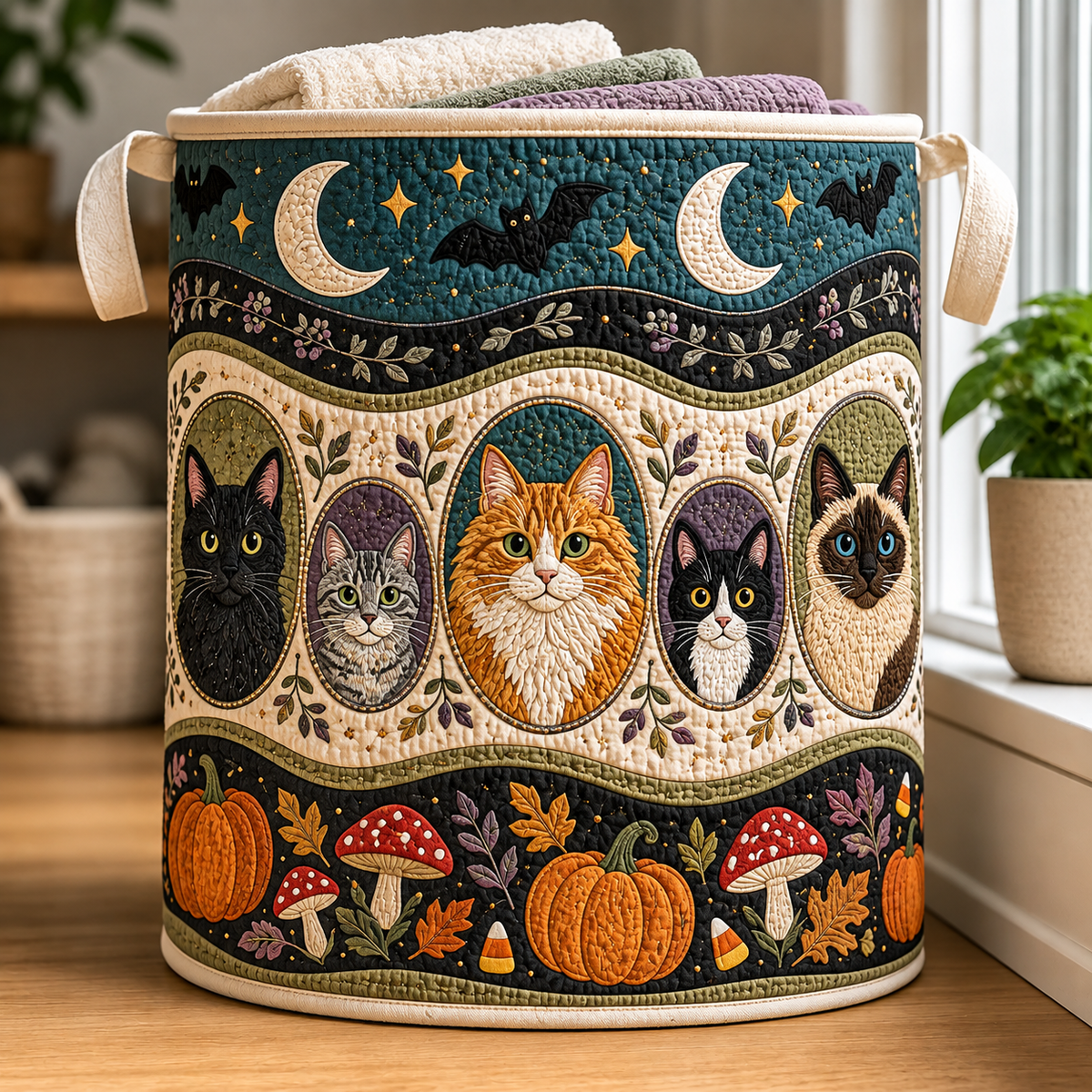 Gevoerde wasmand – Kattenportret bij maanlicht