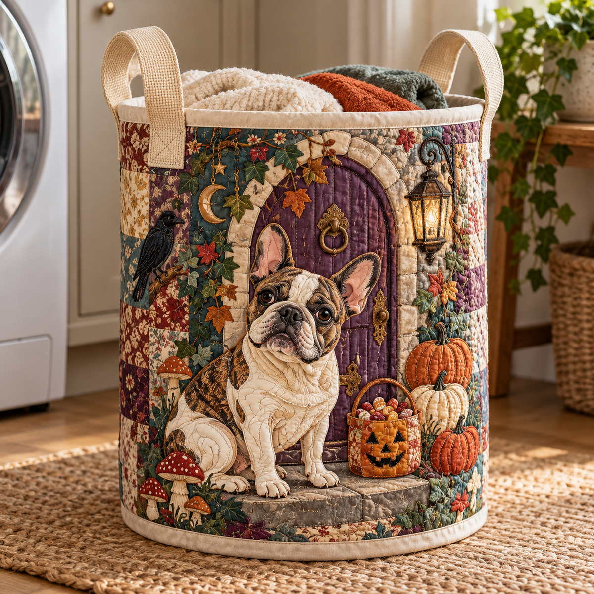 Gestofferde wasmand – Franse bulldog in het spookhuis