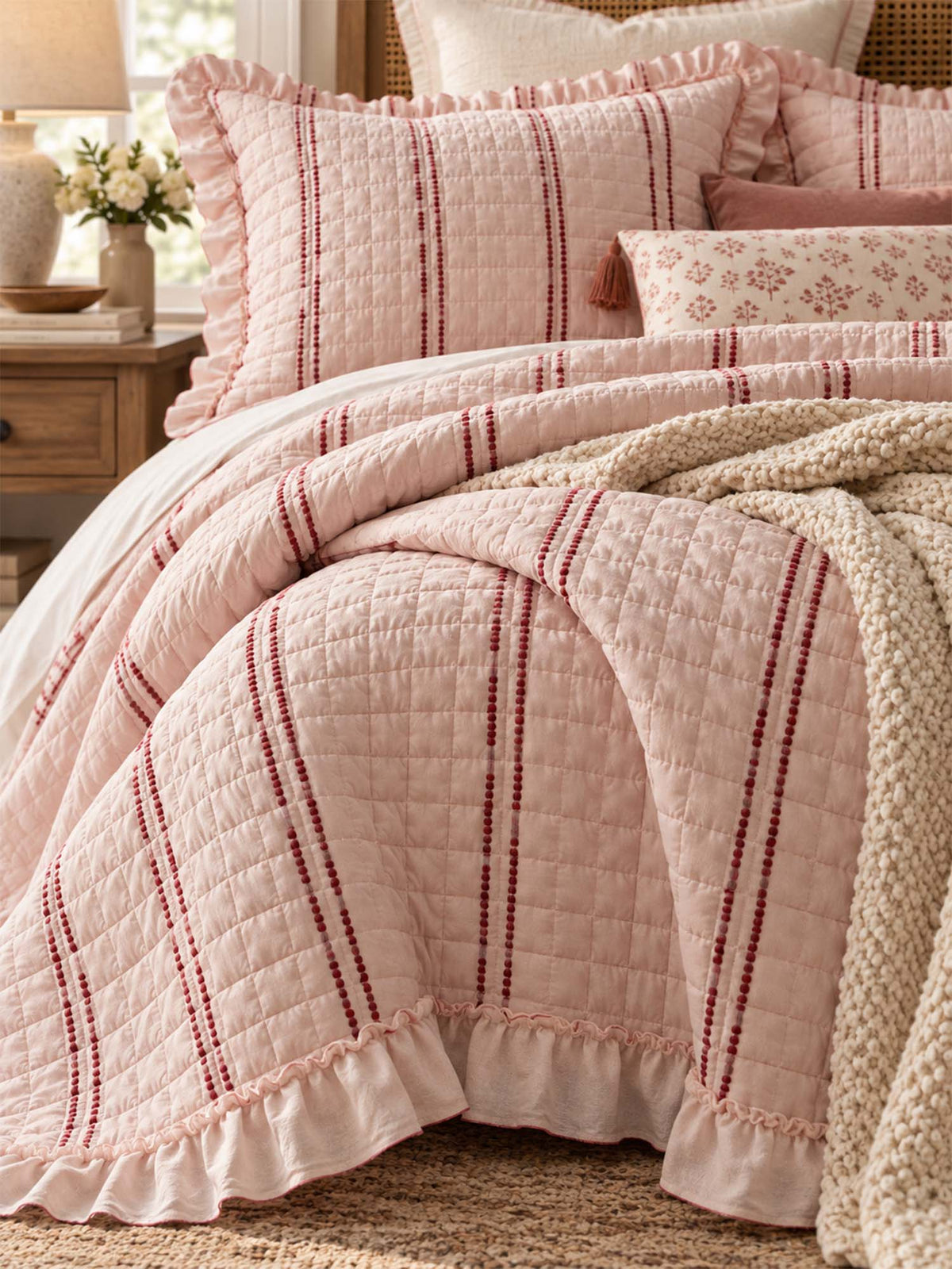 Stripe Ruffle Jacquard 100% Cotton Reversible Quilted 3-Piece Bedding Set