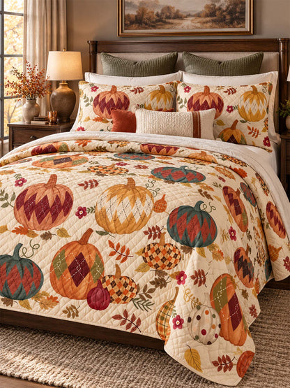 Argyle Pumpkin Autumn Harvest Quilted 3-Piece Bedding Set