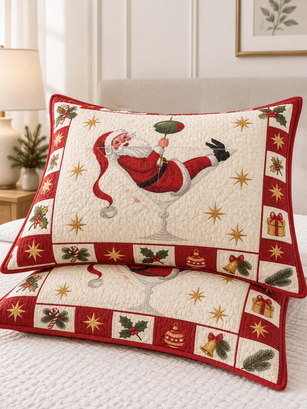 Jolly Santa Martini Christmas Quilted 3-Piece Bedding Set