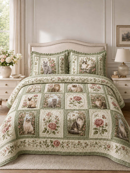 H.PAI Vintage Rose Cat Garden Quilted 3-Piece Bedding Set
