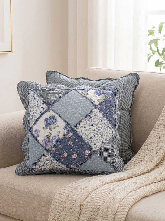 Vintage Blue Floral Patchwork Quilted Pillow Cover