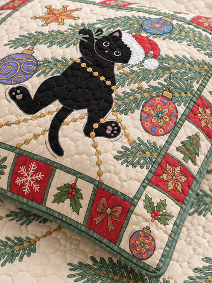 Festive Black Cat Christmas Quilted 3-Piece Bedding Set