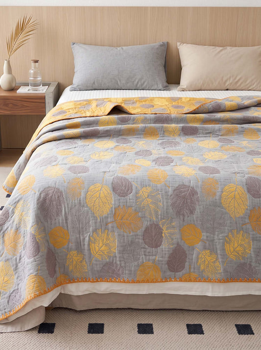 Vintage Golden Yellow Gray Autumn Leaf Jacquard Quilted Throw Three‑Layer Gauze Cotton Blanket