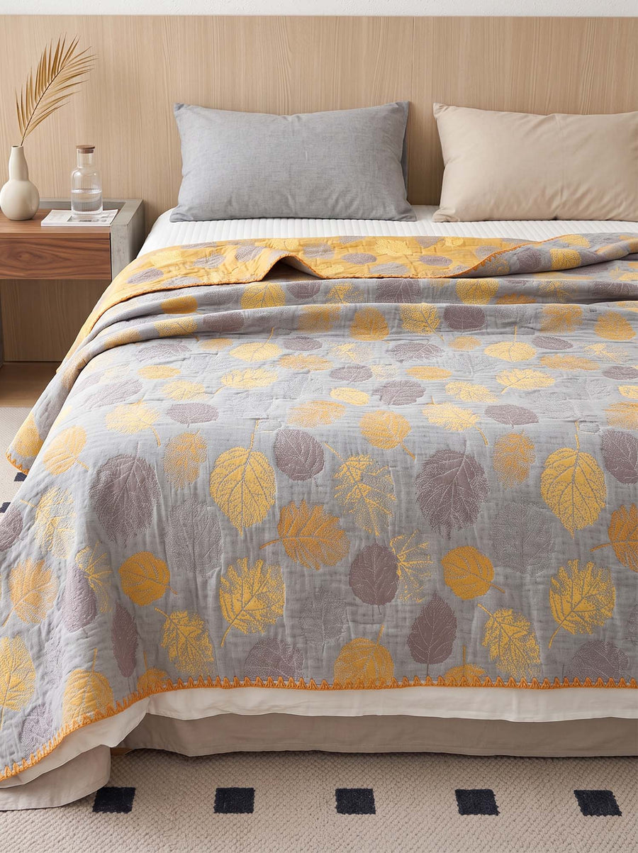 Vintage Golden Yellow Gray Autumn Leaf Jacquard Quilted Throw Three‑Layer Gauze Cotton Blanket