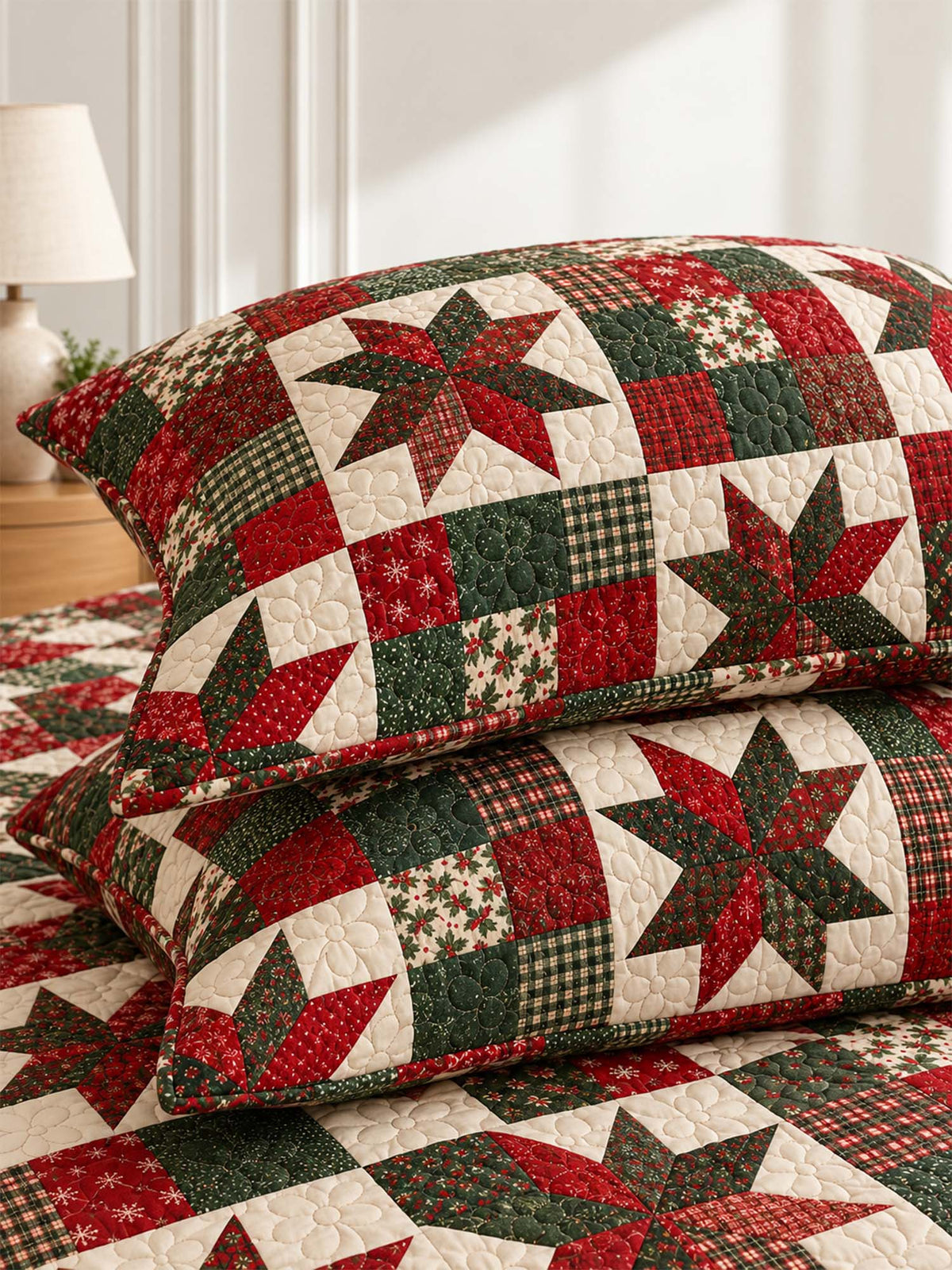 Christmas Star Patchwork Quilted 3-Piece Bedding Set