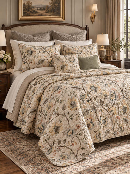 Vintage Botanical Floral Quilted 3-Piece Bedding Set
