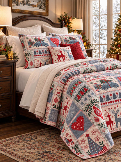 Nordic Christmas Reindeer & Gift Car Quilted 3-Piece Bedding Set