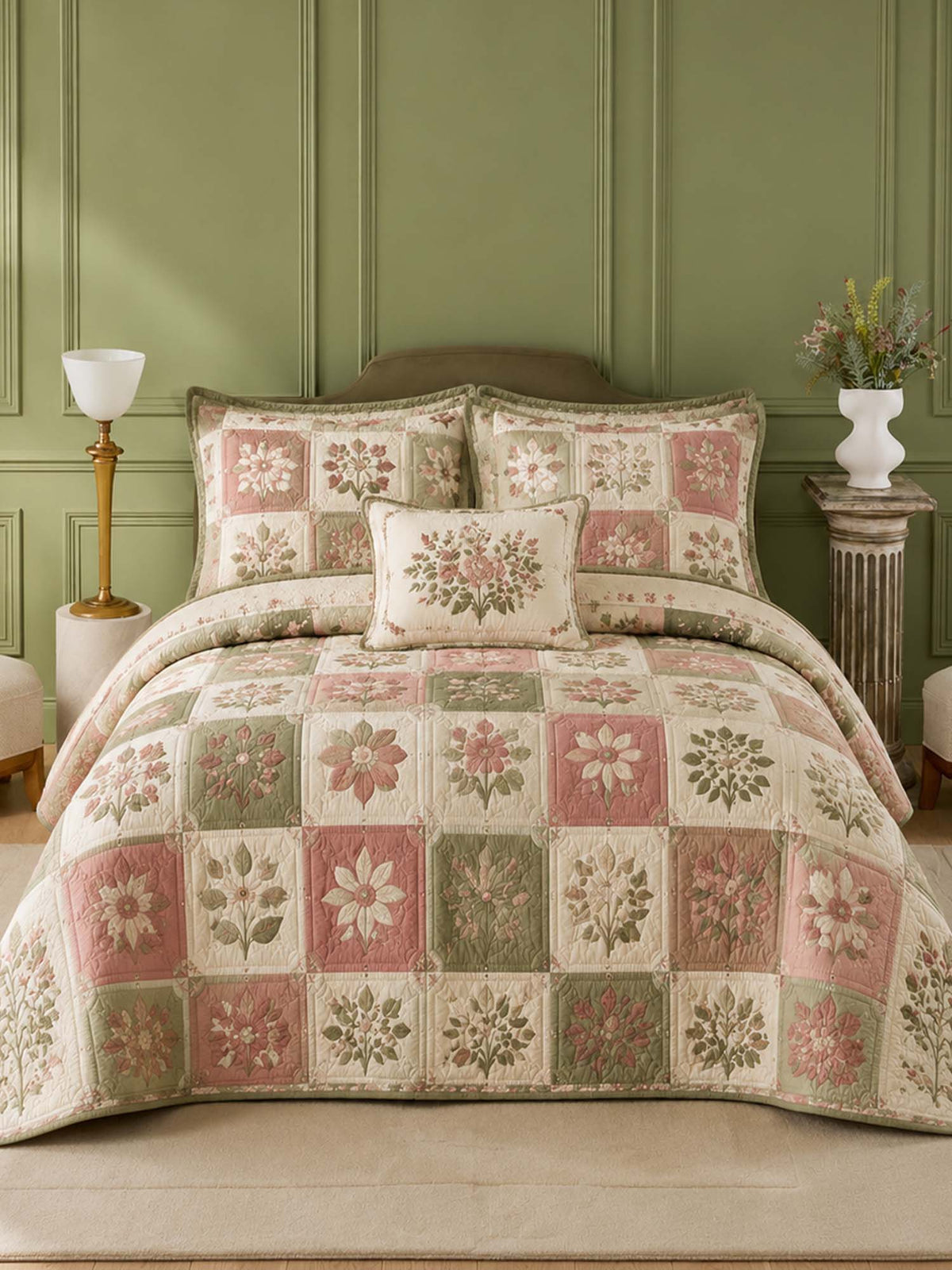 H.PAI Vintage Floral Patchwork Quilted 3-Piece Bedding Set