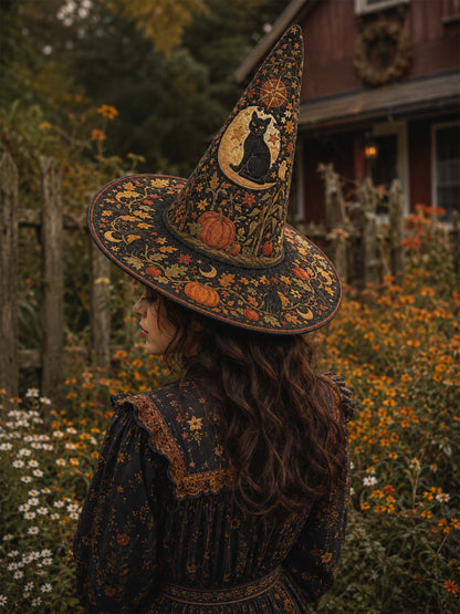 H.PAI Black Cat Autumn Garden Handcrafted Quilted Witch Hat