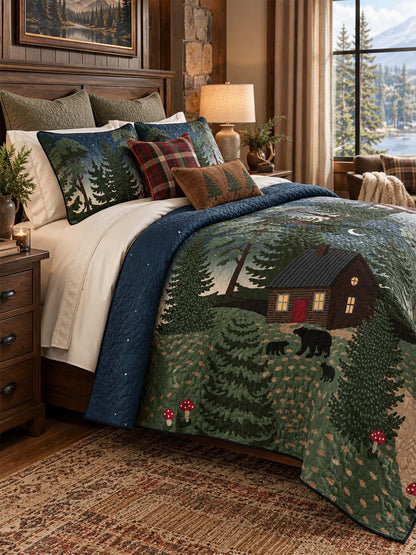 Moonlit Bear Cabin Forest Quilted 3-Piece Bedding Set