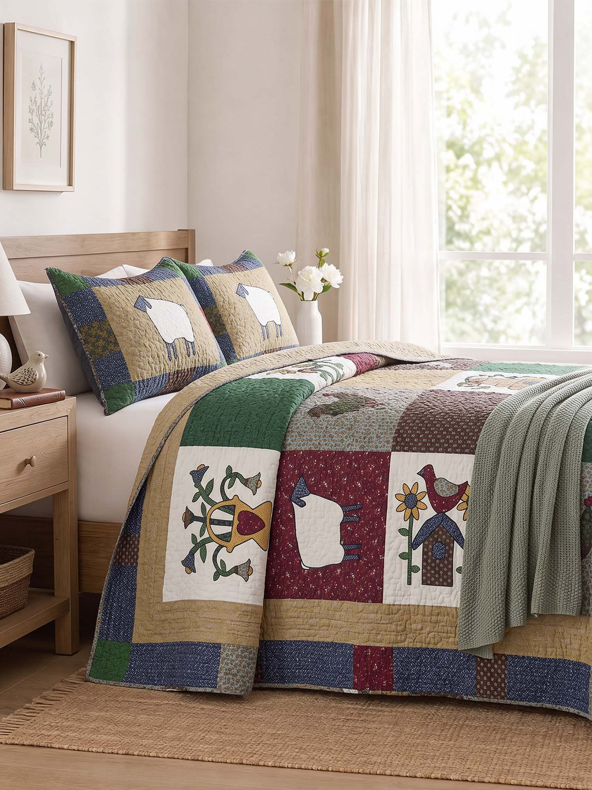 Sheep Farmhouse Folk Patchwork Quilted 3-Piece Bedding Set