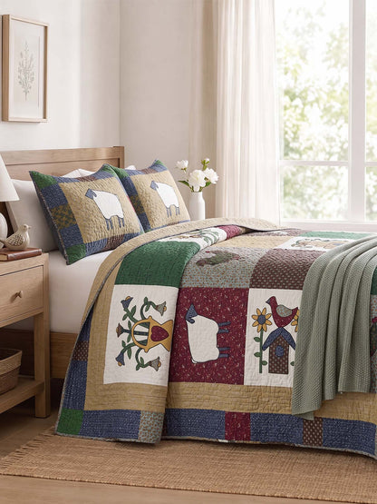 Sheep Farmhouse Folk Patchwork Quilted 3-Piece Bedding Set