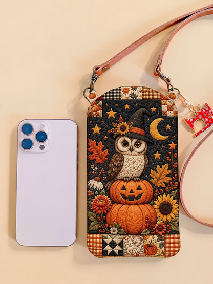 Slim, gewatteerde schoudertas voor telefoon – Uil en pompoenen voor Halloween
