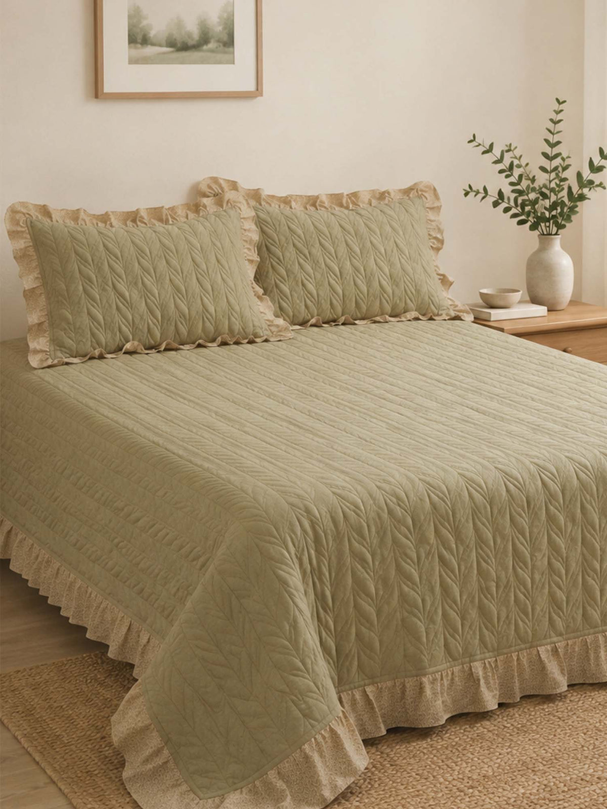 Sage Leaf Double-Layer Gauze Quilted 3-Piece Bedding Set