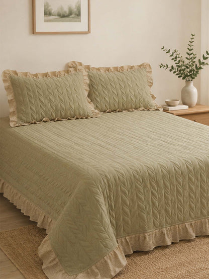 Sage Leaf Double-Layer Gauze Quilted 3-Piece Bedding Set