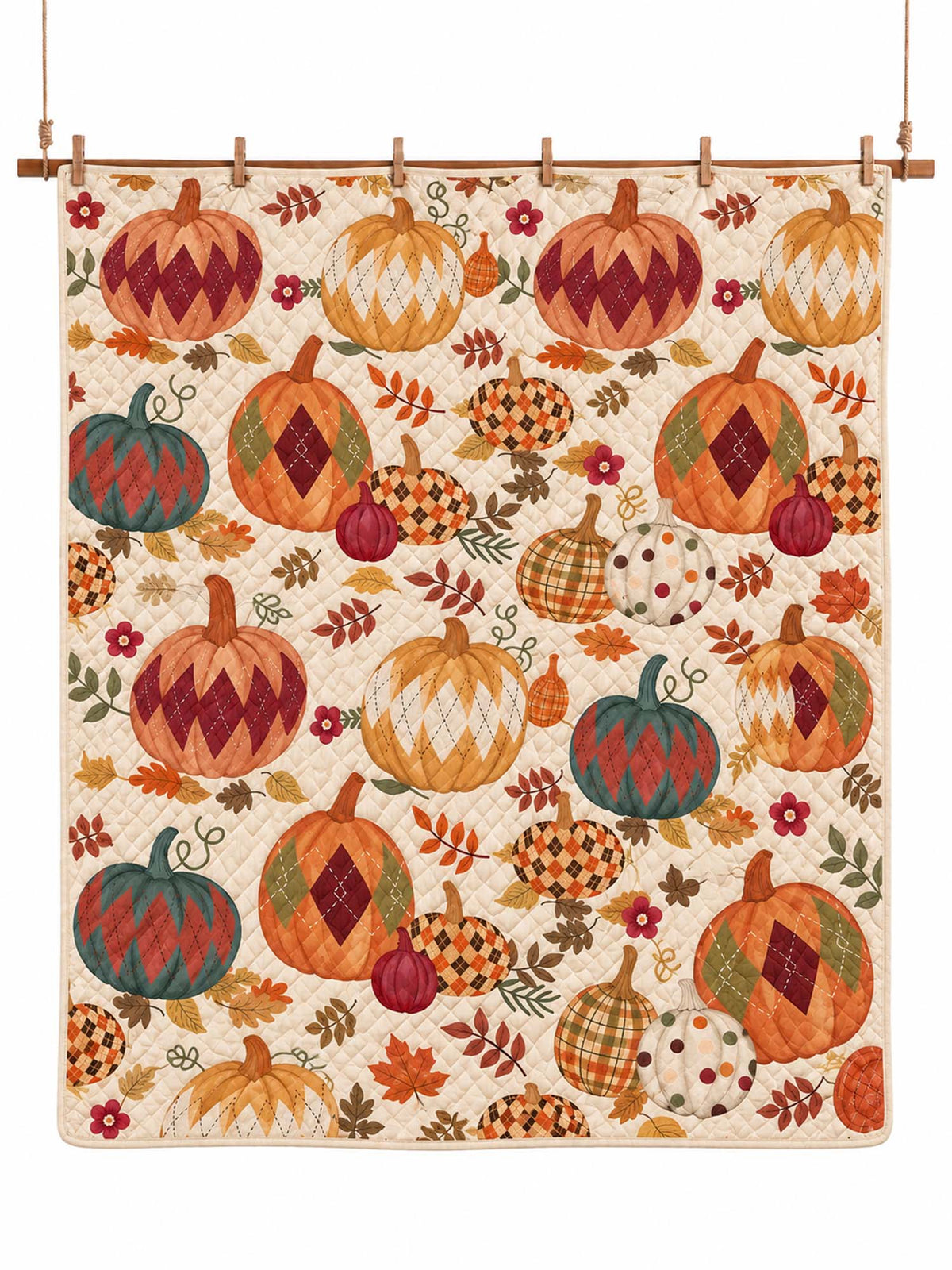 Argyle Pumpkin Autumn Harvest Quilted 3-Piece Bedding Set