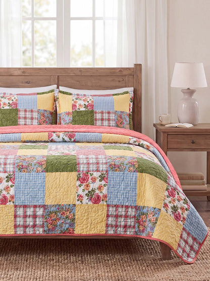 Cottage Rose Patchwork Quilted 3-Piece Bedding Set