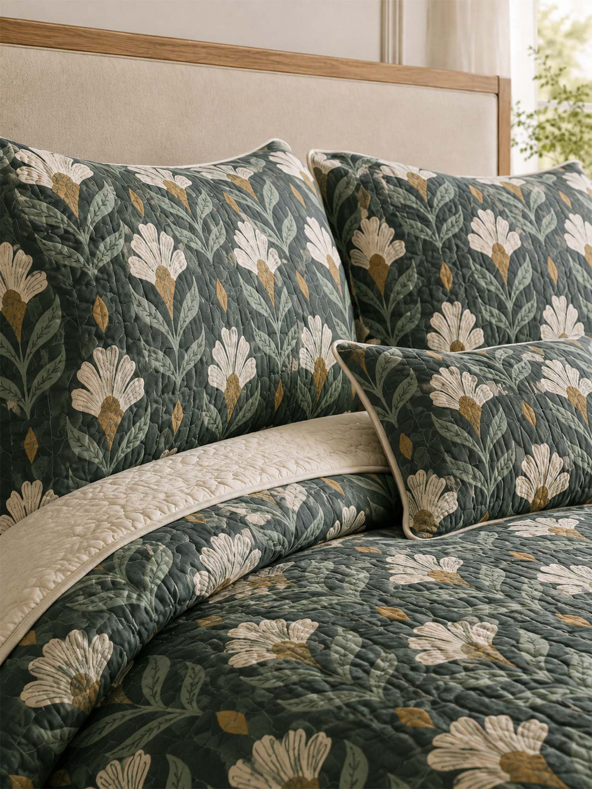 H.PAI Forest Ivory Floral Quilted 3-Piece Bedding Set