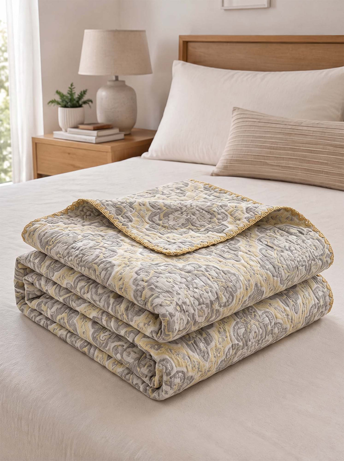 Vintage Yellow Floral Jacquard Quilted Throw Three‑Layer Gauze Cotton Blanket
