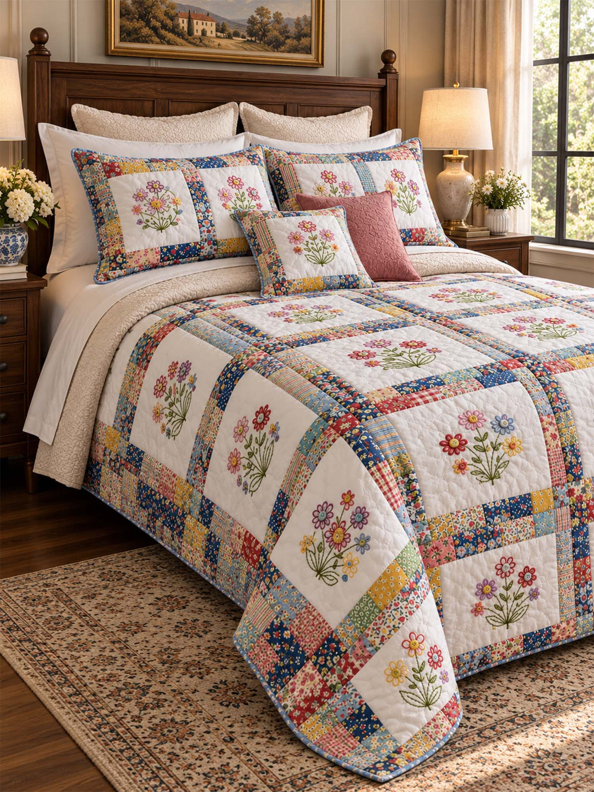 Wildflower Cottage Patchwork Quilted 3-Piece Bedding Set