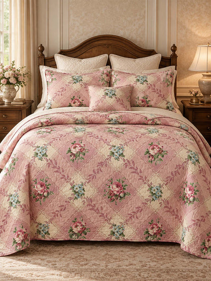 Vintage Rose Floral Quilted 3-Piece Bedding Set