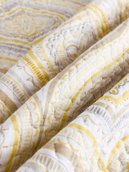 Yellow Grey Geometric Ogee Pattern Quilted 3‑Piece Bedding Set