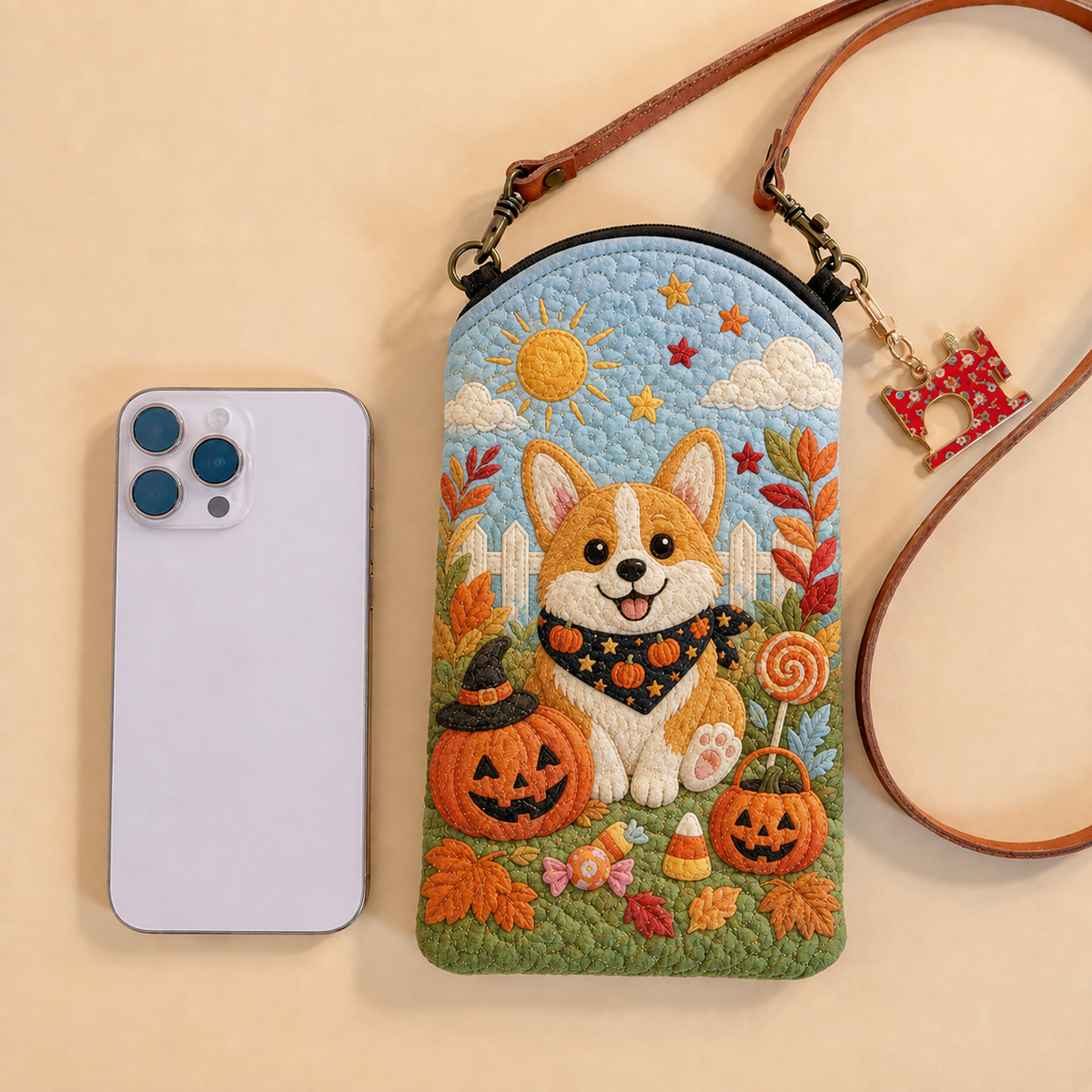 Gepolsterde en smalle telefoonhoes – Halloween Corgi tussen de snoepjes
