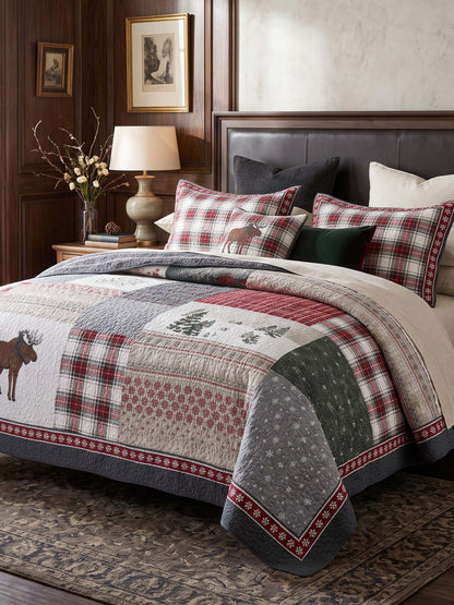 Moose Rustic Cabin 100% Cotton Quilted 3-Piece Bedding Set