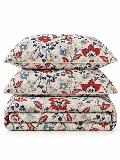 Red Blue Botanical Floral Quilted 3-Piece Bedding Set