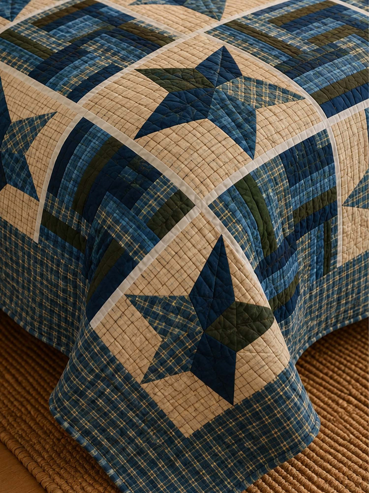 Navy Denim Blue Star Print Quilted 3‑Piece Bedding Set