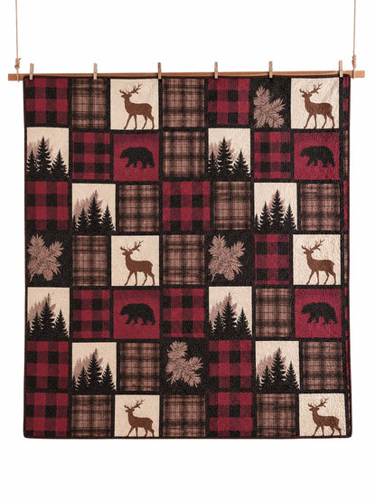 Burgundy Bear & Deer Plaid Woodland Quilted 3-Piece Bedding Set