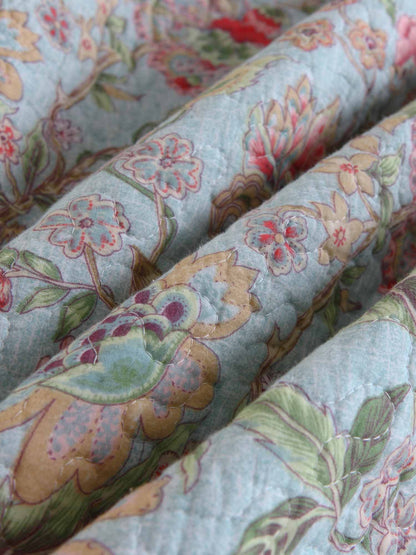 Light Blue Country Garden Floral Print Quilted 3‑Piece Bedding Set