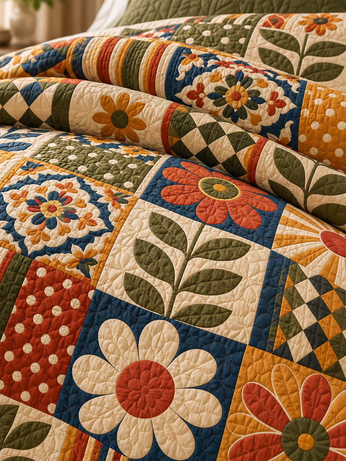 Retro Floral Geometric Patchwork Quilted 3-Piece Bedding Set