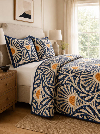 H.PAI Navy Sunburst Botanical Quilted 3-Piece Bedding Set
