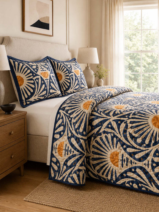 H.PAI Navy Sunburst Botanical Quilted 3-Piece Bedding Set