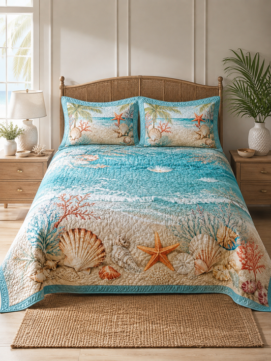 Coastal Shell Ocean Quilted 3-Piece Bedding Set