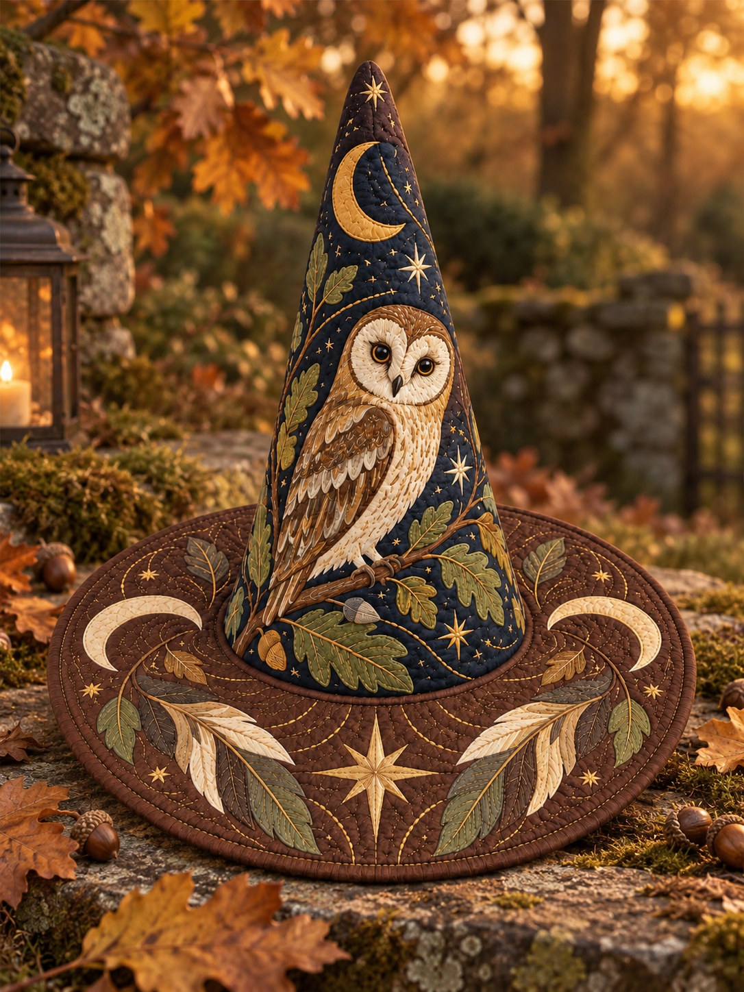 Moonlit Owl Woodland Gothic Handcrafted Quilted Witch Hat