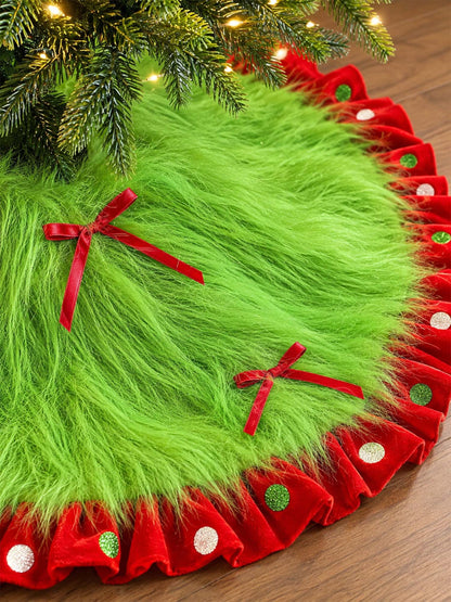 Whimsical Green Faux Fur Christmas Tree Skirt With Red Polka Dot Ruffle
