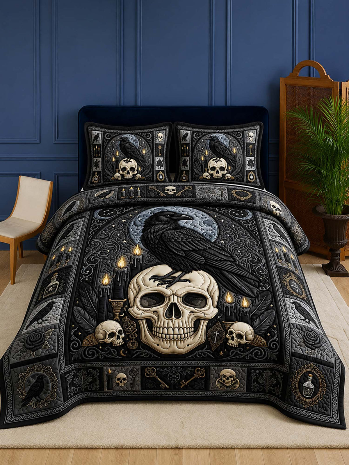 H.PAI Raven Midnight Relic Quilted 3-Piece Bedding Set