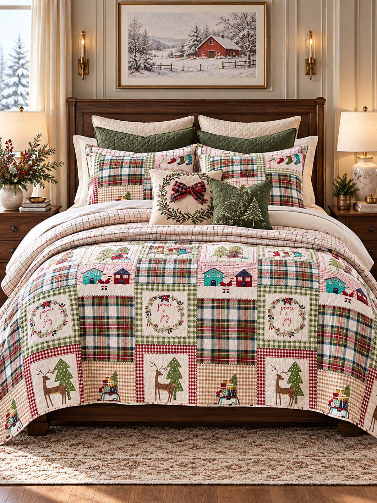 Plaid Deer Cottage Peace & Joy Patchwork Quilted 3-Piece Bedding Set