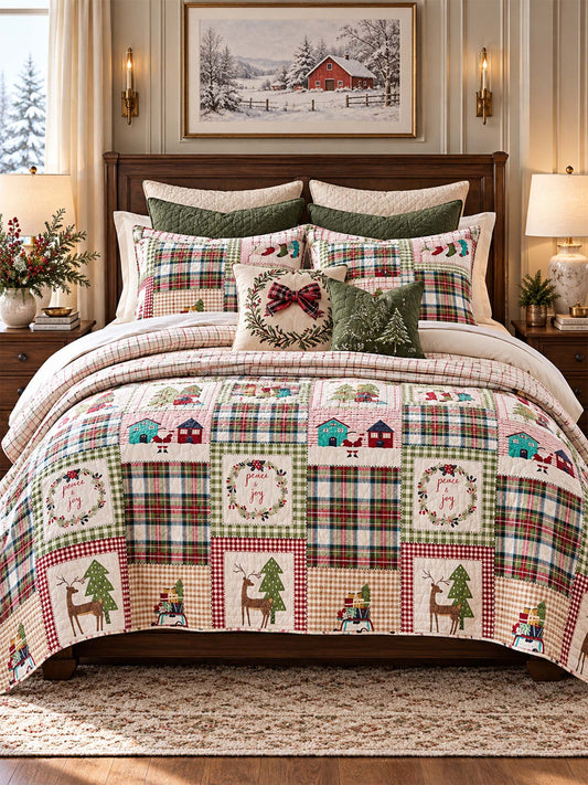 Plaid Deer Cottage Peace & Joy Patchwork Quilted 3-Piece Bedding Set