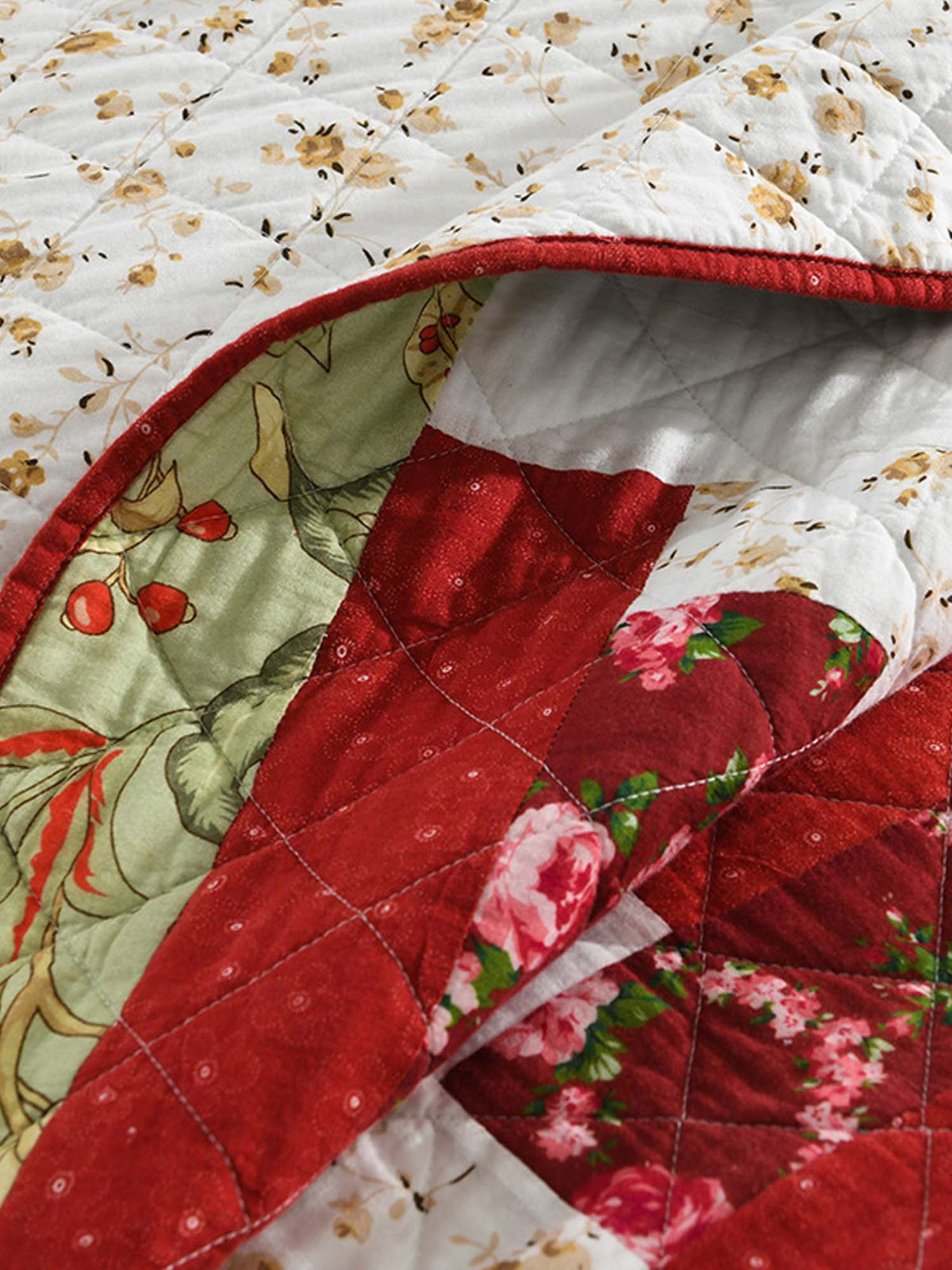 Vintage Floral Log Cabin Patchwork 100% Cotton Quilted 3-Piece Bedding Set