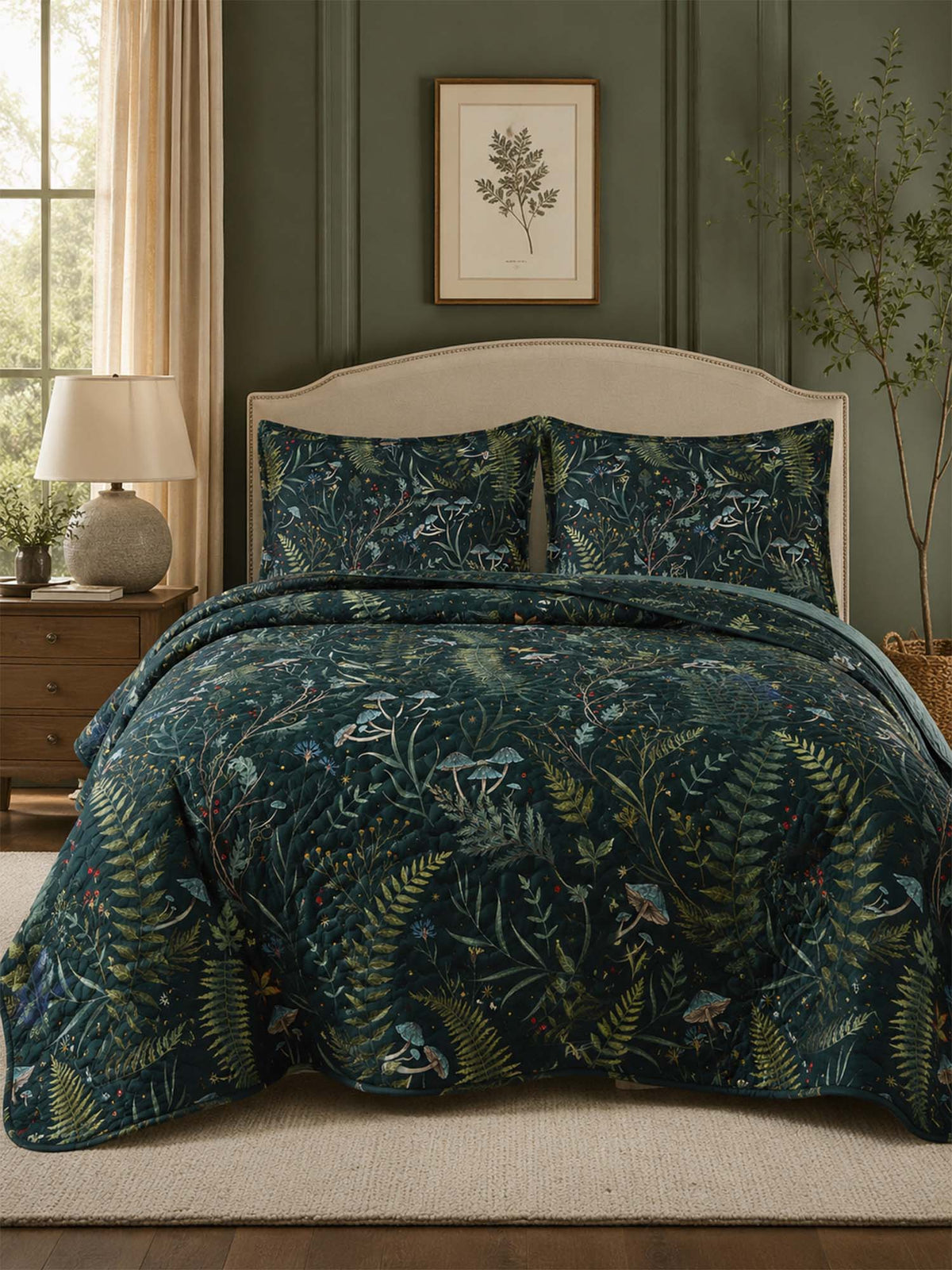 H.PAI Enchanted Forest Mushroom Quilted 3-Piece Bedding Set