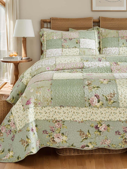 Rose Cottage Patchwork Quilted 3-Piece Bedding Set